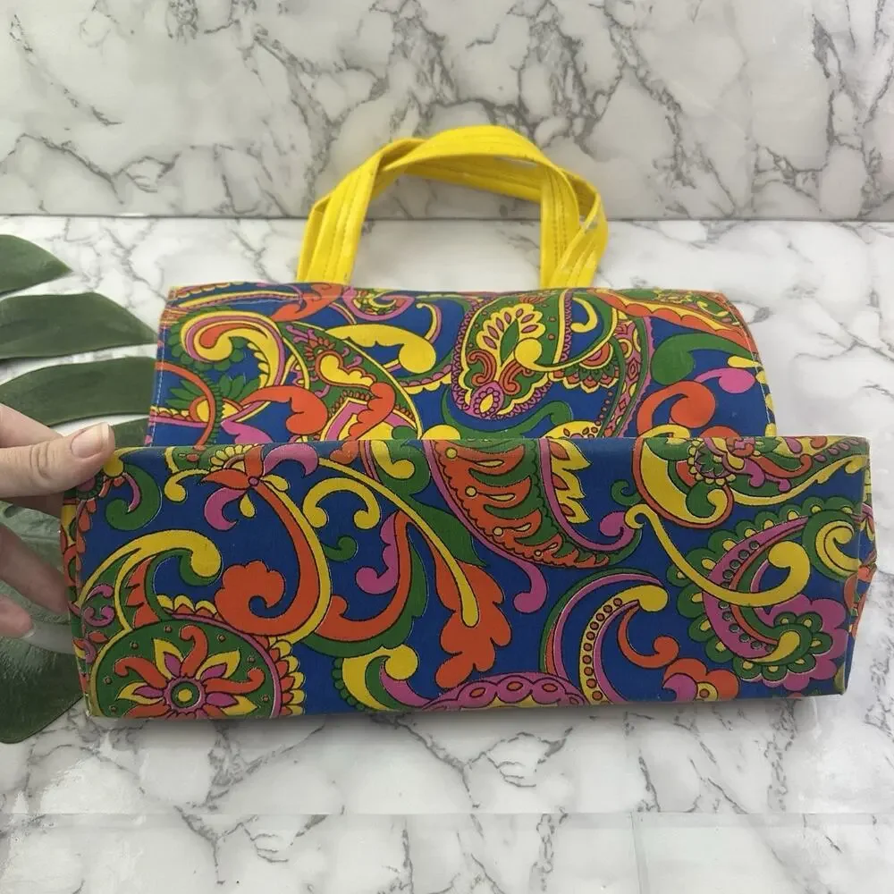 Vintage 70s Tote Bag Purse Green Yellow Paisly Floral Canvas Funky Top Handle